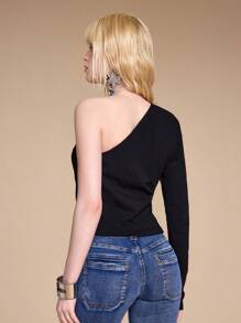 ROMWE Grunge Punk Y2K Sexy Gyaru Zebra Cross Print Asymmetrical Asymmetric Open Shoulder Tight Fitting T-Shirt - Black - View 6