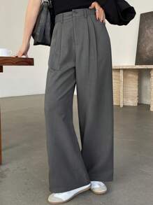 DAZY Women's Solid Color Front Button Pocket Casual Pleated Loose Suit Pants,Women Dress Pants
