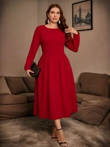 SHEIN Clasi Damen-Midi-Kleid in Große Größen aus dehnbarem rotem Stoff mit Rundhalsausschnitt und Langarm, einfach und lässig, geeignet für Herbst und Winter, Weihnachten, Ausgehen, Urlaub, Weihnachtskleidung für Frauen
