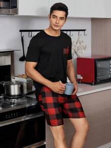 Men's Plaid Print 2 Pieces Short Sleeve Pajama Set - Black - View 3