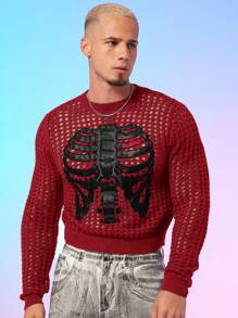 FeverCity Men's Skeleton Print See-Through Crew Neck Sweater, For Fall Winter - Multicolor - View 2