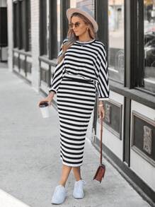 SHEIN LUNE Women's Batwing Sleeve Loose T-Shirt + Women's Striped Fitted Skirt,Office Wear,Winter Sets,Office Wear Women