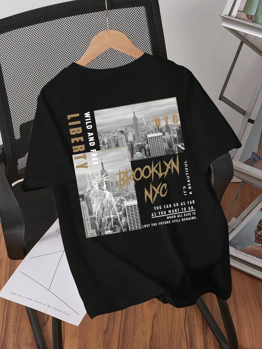 SHEIN 青少年男孩口号印花圆领宽松休闲短袖 T 恤 - 黑色 - 查看 1