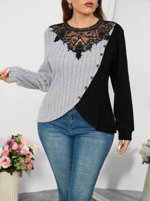 SHEIN Clasi Plus Size Autumn Fashionable Contrast Color Lace Collar T-Shirt