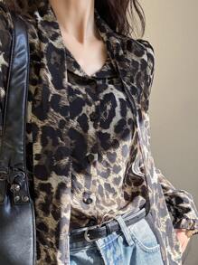 DAZY Women's Fashionable Leopard Print Mesh Ruffled Collar Blouse, Autumn Cheetah Print Long Sleeve Top