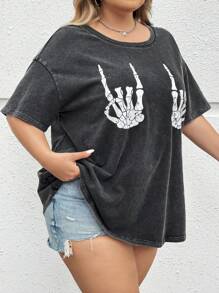 SHEIN CURVE+ Áo thun nữ cỡ lớn mùa thu, đông, hè, mùa tựu trường, phố Campus, phong cách phương Tây, vải dệt kim cổ điển, vải dệt kim mềm mại và rộng rãi, họa tiết bàn tay bộ xương, họa tiết hoạt hình, áo phông tay ngắn - Màu xám đen - Xem 6