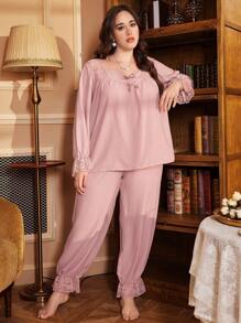 PalaceNights Conjunto de ropa de estar en casa de talla grande con encaje, parches, cuello con volantes, lazo decorativo y mangas acampanadas