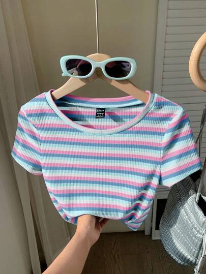 Comfortcana Women Plus Size Striped Knit Crew Neck Short Sleeve T-Shirt, For Summer