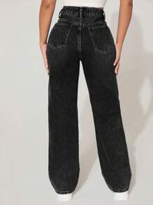 SHEIN PETITE Jeans térmicos con pierna recta desgastados, vaqueros de tela gruesa para el otoño y el invierno