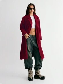 SHEIN Unity Apricot Teddy Fleece Long Jacket, Warm For Autumn/Winter - Burgundy - View 3
