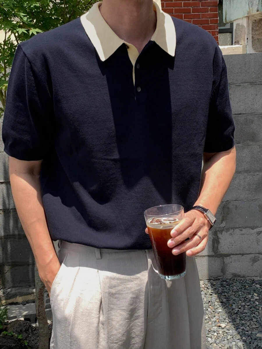 DAZY Men's Contrast Color Collar Patchwork Office Formal Knit Sweater