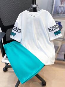 SHEIN 2 件 Tween Boy 街头服饰休闲涂鸦卡通人物印花短袖 T 恤和松紧腰短裤套装，适合秋季、春季、夏季、户外玩耍、学校、街头风格、派对和居家休闲 - 彩色 - 查看 2