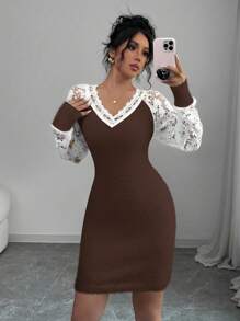 SHEIN Unity 女士毛衣裙，合身，纯色，休闲，优雅，日常穿着 - 咖啡棕 - 查看 4