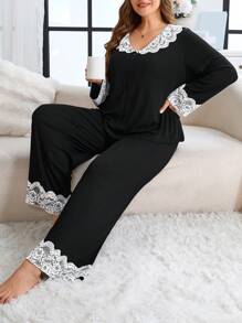 Plus Size Lace Collar Patchwork Long Sleeve Pajama Set