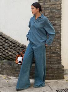 Livesso Women's Denim Drop Shoulder Long Sleeve Shirt And Pants Set,Fall Clothes - Medium Wash - View 6