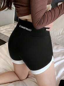 DAZY Women's Letter Print Patchwork Fitted Bodycon Shorts, Athleisure Style, Year-Round