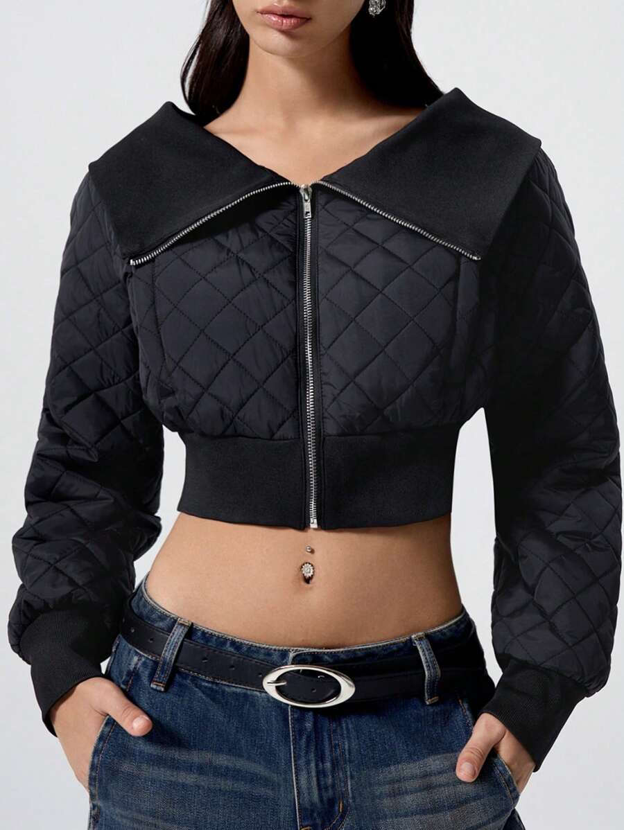 SHEIN EZwear 冬季女士休闲纯色短款棉服外套 - 黑色 - 查看 1