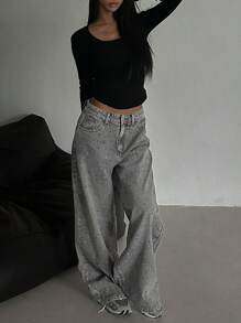 DAZY Women's Casual Rhinestone Embellished Denim Pants, Minimalist Fashion For Everyday Wear,Baggy Jeans