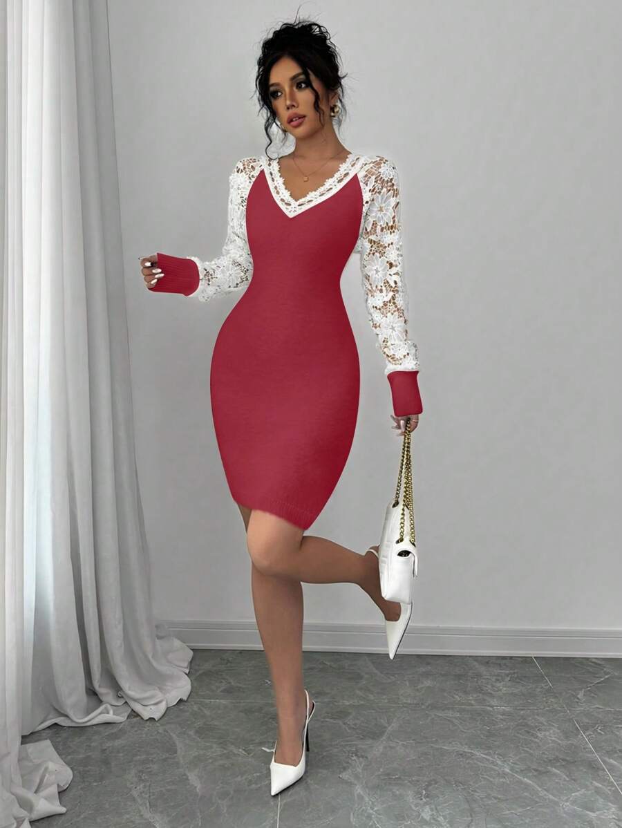 Chiquease Women's Solid Color Splicing V-Neck Long Sleeve Short Knitted Sweater Dress - Red - View 1