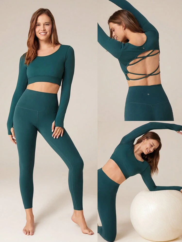 Seamless Fitted Long Sleeve Crop Tee With Lace-Up Back Light Support Low Impact Yoga Pilates Daily