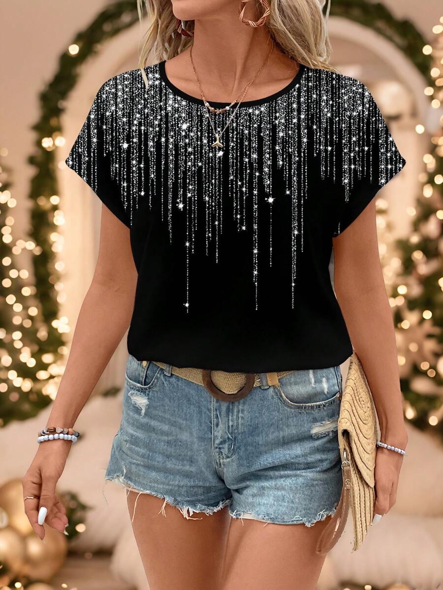 EMERY ROSE Lässige Bluse für Frauen mit Imitations-Strass-Quastenmuster und rundem Ausschnitt, neuer Jahresfeiertags-Oberteil für den Sommer geeignet