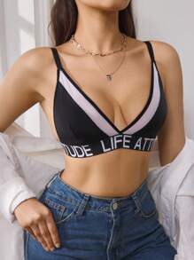 EasyFave Women's Solid Color Splicing Letter Pattern Detail Simple Casual Bra