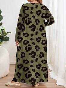 EMERY ROSE Plus Size Leopard Print Long Sleeve Maxi Dress: Casual Loose Fit For Women