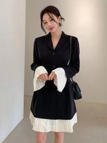 DAZY Women Mid-Calf Length Contrast Hem Dress,Fall Dress Long Sleeve Dress - Black - View 3