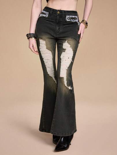 Grunge Punk Jeans évasés étroits femme de style vintage avec imprimé patchwork zébré