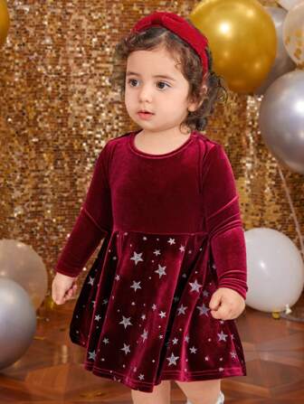 SHEIN Babygirl Burgundy Velvet Star Pattern Long Sleeve Dress, Party & Casual Wear, Mommy And Me Matching Outfits (2 Pieces Sold Separately)