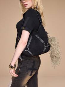 ROMWE Grunge Punk 1 件 Y2K 时尚百搭复古时尚优质棕色毛绒仿动物狐狸尾巴钥匙扣和钥匙圈包挂饰，适合女性女孩日常穿着、节日礼物 - 卡其色 - 查看 4