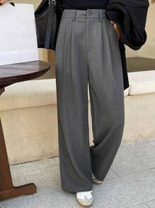 DAZY Women's Solid Color Front Button Pocket Casual Pleated Loose Suit Pants,Women Dress Pants