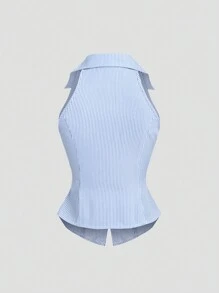 Sweetra Camisa de vestir de mujer de verano con diseño boutique, casual, sexy, sin mangas, ajustada, de rayas azules, con cuello, nueva, top con ajuste estilizado