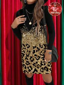 SHEIN LUNE Women Casual Simple Style Mini Dress With Glitter Leopard Print, Suitable For Autumn/Winter