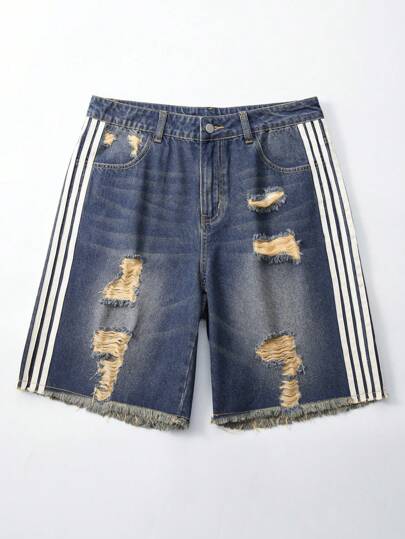 Prep Shorts en jean déchirés, unicolore, avec patchwork, avec poches et boutons devant pour hommes