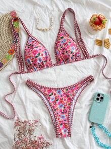 Soleia Women's Colorful Ditsy Floral Patchwork Plaid V-Neck Tie Front Swimwear Set,Swim Suits For Women,Vacation Outfit Women,Summer Outfits For Women,Beach Outfits For Women,Valentine's Day - Multicolor - View 1