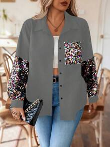 Calvaya Plus Size Women Sequin Patchwork Long Sleeve Single-Breasted Pocket Shirt, Fashionable Autumn Fall Cloth For Women - Grey - View 4