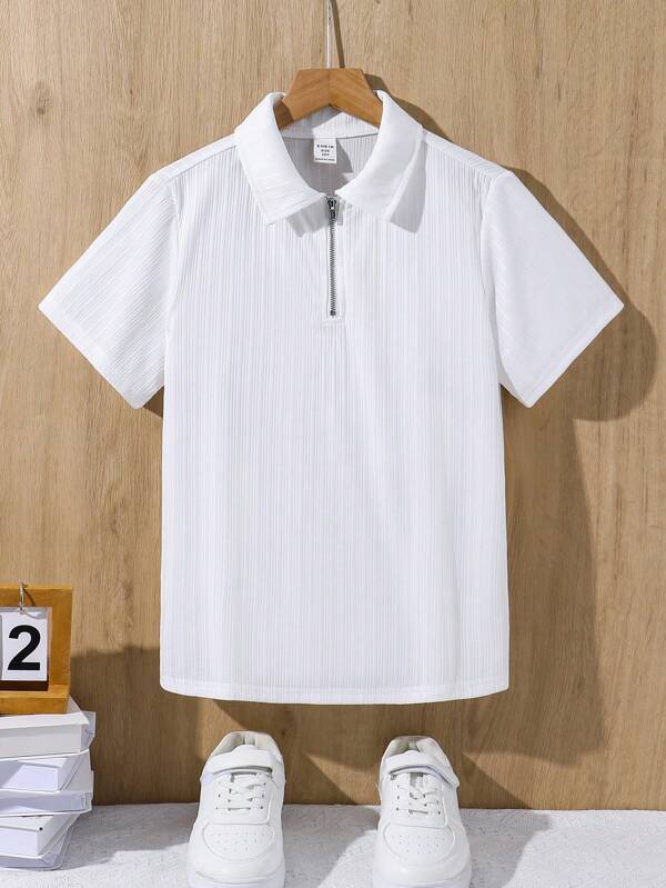 Polo de manga corta con cuello para niño preadolescente, informal, de color liso y tela texturizada, adecuado para ir y venir, escuela, uso casual diario y deportes, cómodo para primavera/verano
