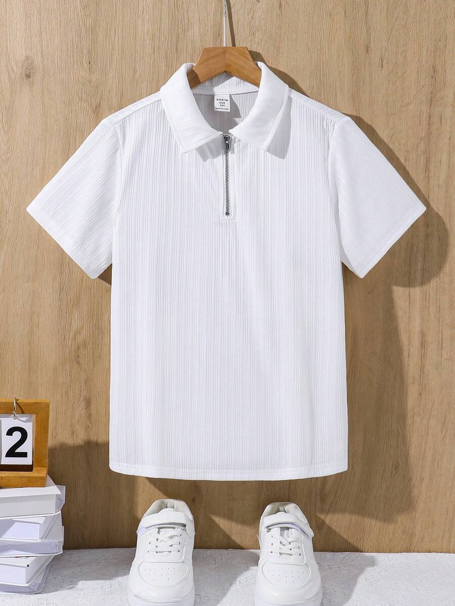 Tween Boy 休闲领短袖 Polo 衫，纯色纹理面料，适合通勤、上学、日常休闲装和运动，舒适春夏