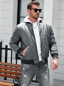 Manfinity Homme Chaqueta de béisbol informal de talla grande para hombre con cierre y cuello de contraste de invierno - Gris - Ver 5