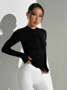 Easithlete Women's Solid Color Fitted Long Sleeve Stand Collar Sports Jacket - Black - View 6