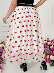 Sunnyshic Falda larga elegante de malla con diseño de corazón para tallas grandes para el Día de San Valentín