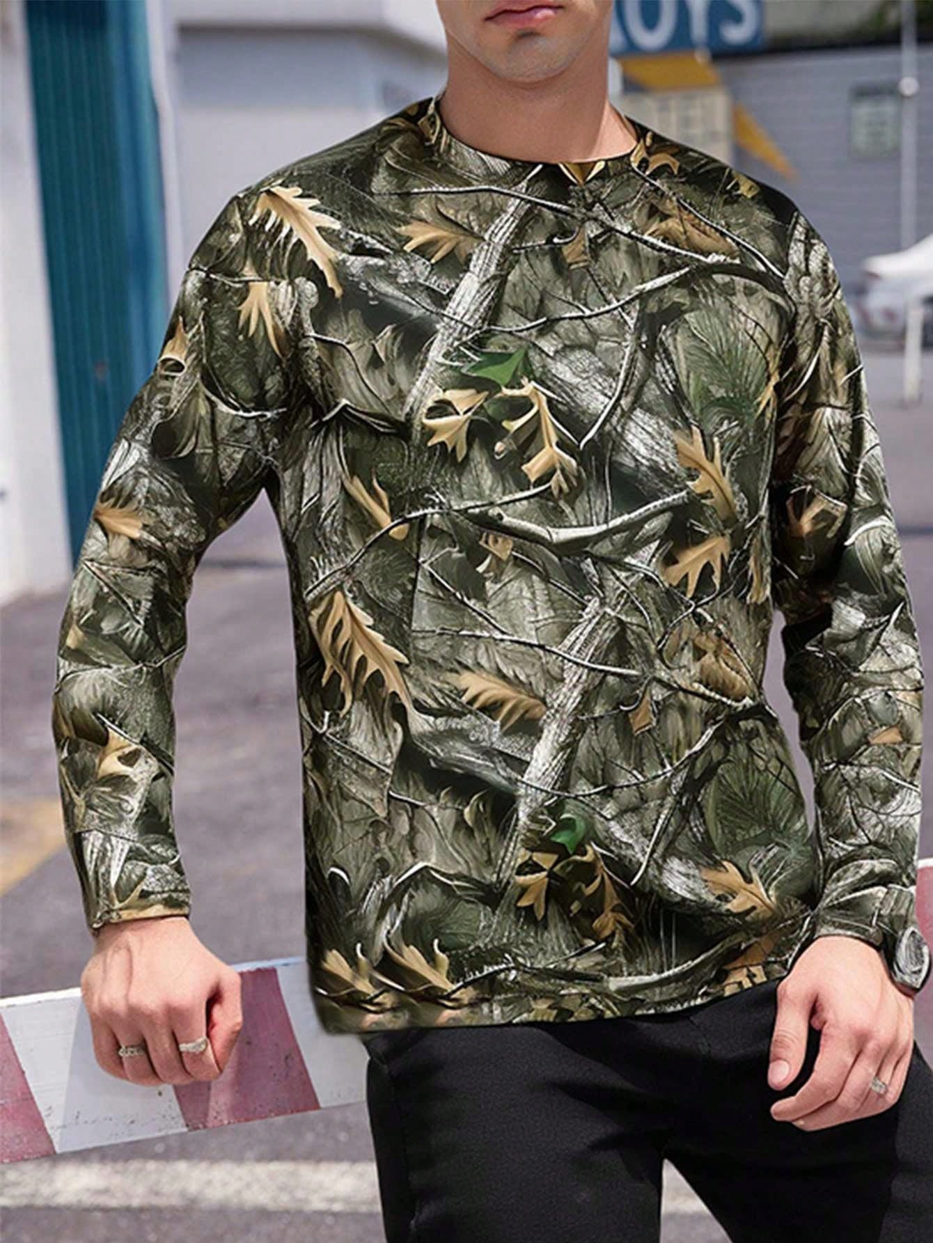 Men's Casual Long Sleeve Crewneck T-Shirt With Tree Branch Print, Autumn
