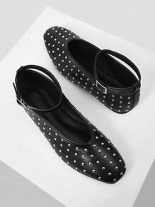 MOTF PREMIUM ROUND TOE ANKLE STRAP STUDDED FLATS, FOR VALENTINE'S DAY SPRING SHOES SPRING BREAK EASTER FOR CHRISTMAS - Black - View 5