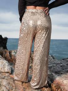 SHEIN VCAY Pantalones anchos elegantes con cintura elástica, adornados con perlas para mujer talla grande. Ropa de Navidad para mujer, ropa de invierno navideña, ropa estilo Y2K, conjunto de mujer para año nuevo, atuendo de vacaciones, pantalones brillantes y con lentejuelas, trajes de rave, ropa de festival, pantalones estilo Y2K, atuendo del Día de San Valentín, ropa románica