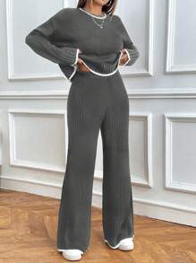 SHEIN PETITE 2pcs Women Colorblock Trim Round Neck Long Sleeve Top And Pants Set - Grey - View 1