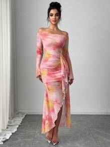 Firerie Vestido maxi elegante y romántico, único para el Día de San Valentín, con hombros descubiertos, mangas de campana, estampado de teñido anudado en degradado rosa, efecto encaje y cintura ajustada con abertura lateral, para una cita sofisticada