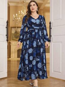 Modelyn Váy Maxi xếp ly tay dài in họa tiết chiffon cổ chữ V ôm sát định hình vòng eo cho nữ - Xanh đậm - Xem 3