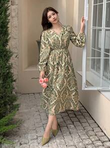 DAZY Women V-Neck Allover Floral Print Long Sleeve Casual Slim Fit Midi Dress,Fall Dress