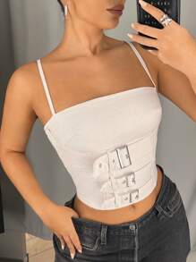 SHEIN ICON 女士休闲牛仔吊带背心，纯色简约风格，日常穿着 - 杏色 - 查看 4